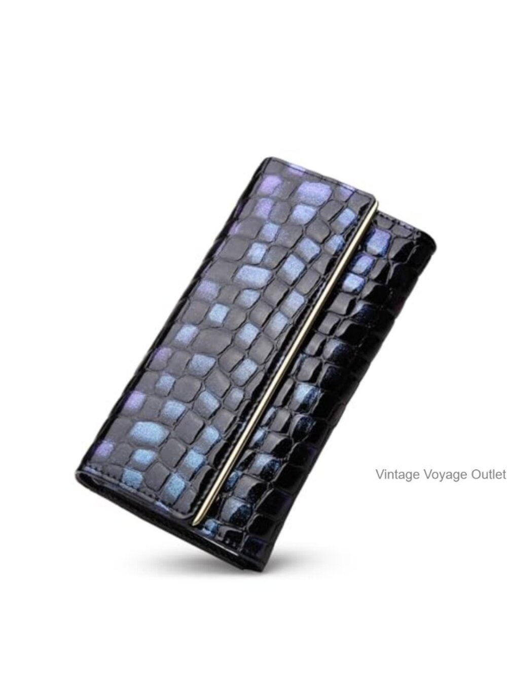 Crocodile Embossed Leather Clutch Wallet Metal Frame Closure